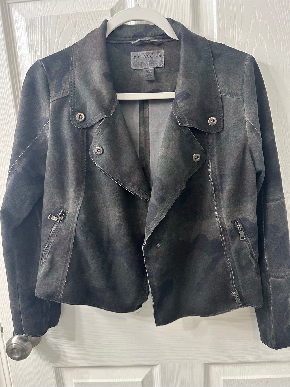 Marrakech Women’s Dark Green Camo Suede Feel Moto Jacket. Size XS.
